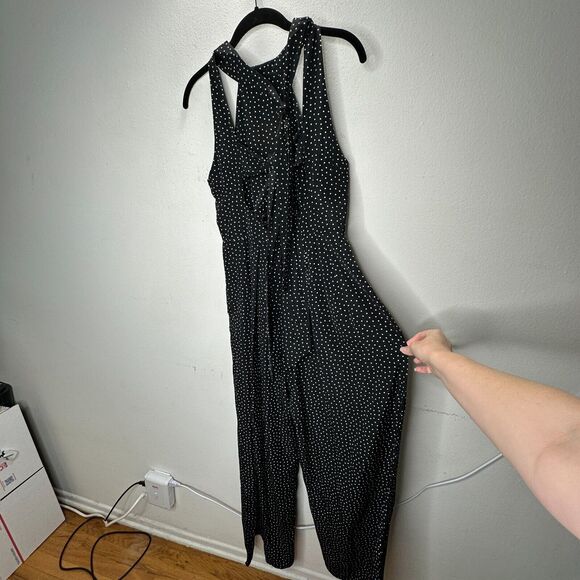 Audrey Halterneck Black White Polka Dot Open Tie Back Pleat Wide Leg Jumpsuit S - Picture 8 of 16